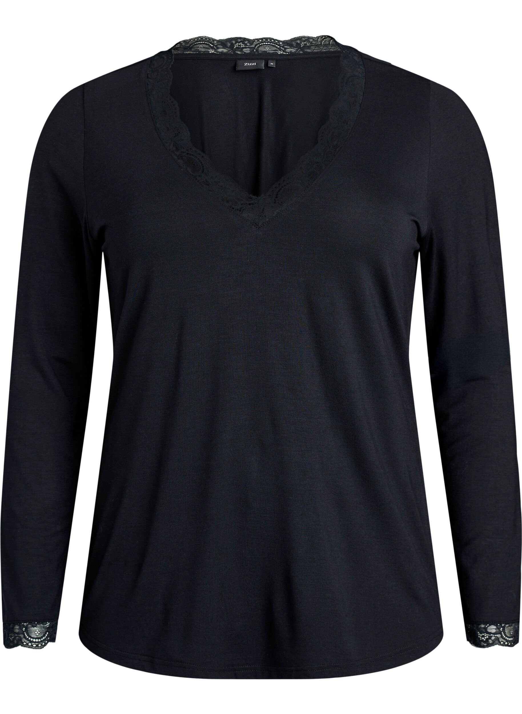 ZizzifashionViscose blouse with lace trim and V-neck, Black, Packshot image number 0