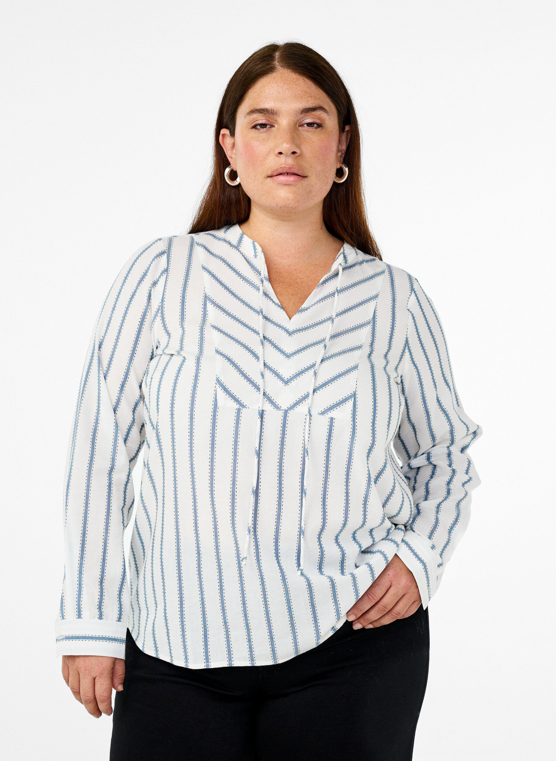 Striped blouse with tie detail, White, Model