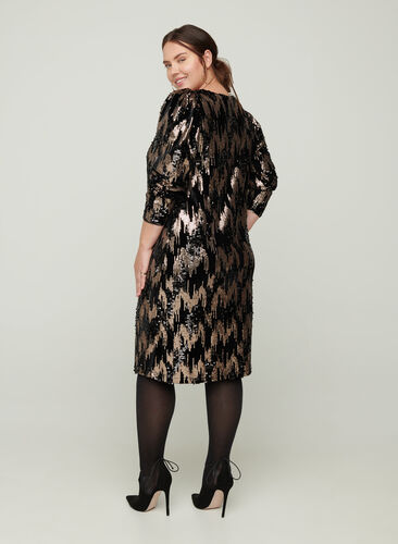 Long-sleeved velour dress with sequins, Black w. Sequins, Model image number 0