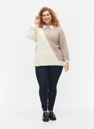 Knitted blouse with round neck and colorblock, Simply Taupe Comb, Model image number 2