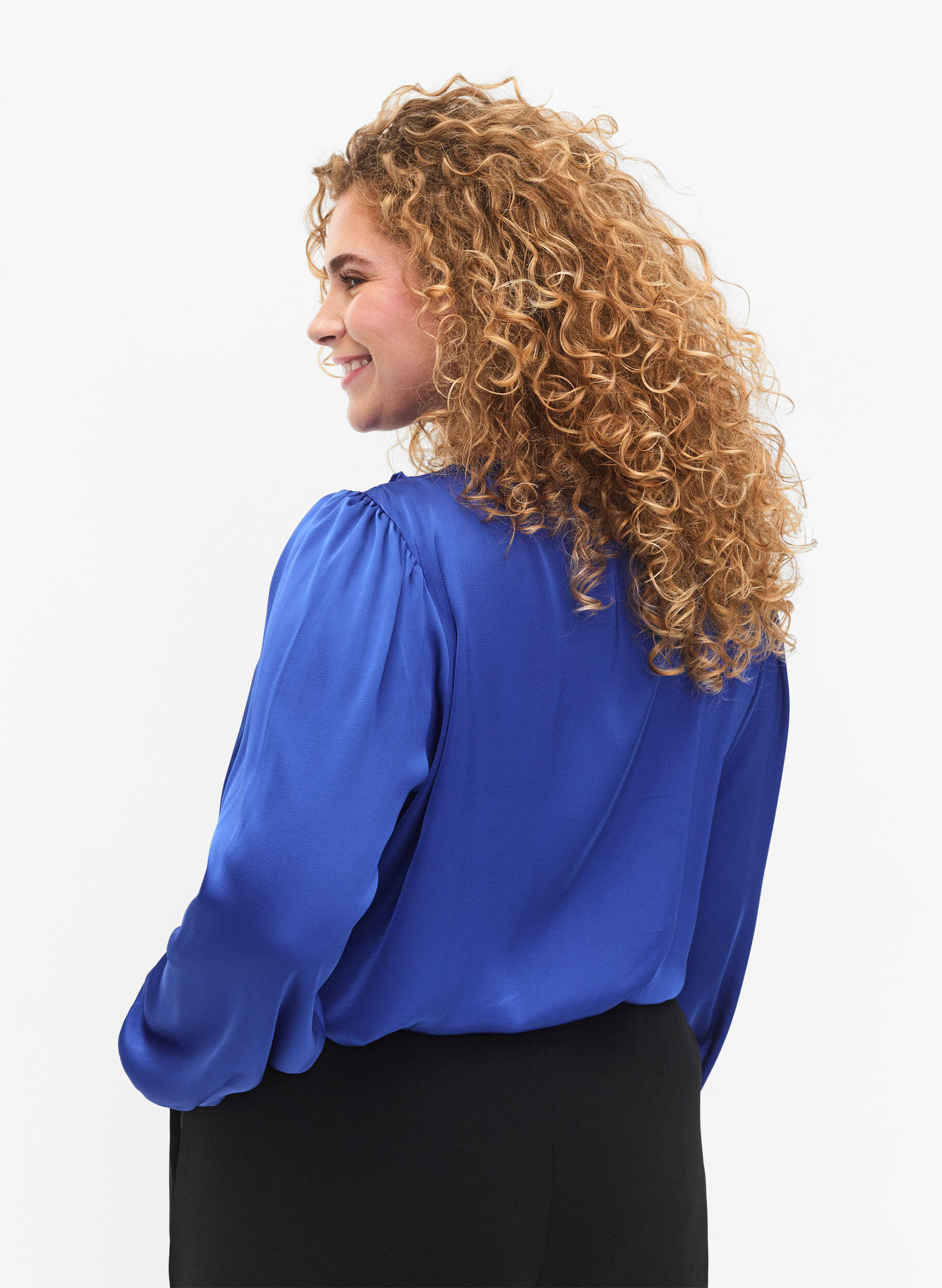 Zizzifashion Satin shirt blouse with ruffle details, Deep Ultramarine, Model image number 1