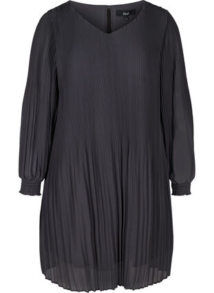 Pleated dress with a v-neck and a-line, Asphalt ASS, Packshot image number 0