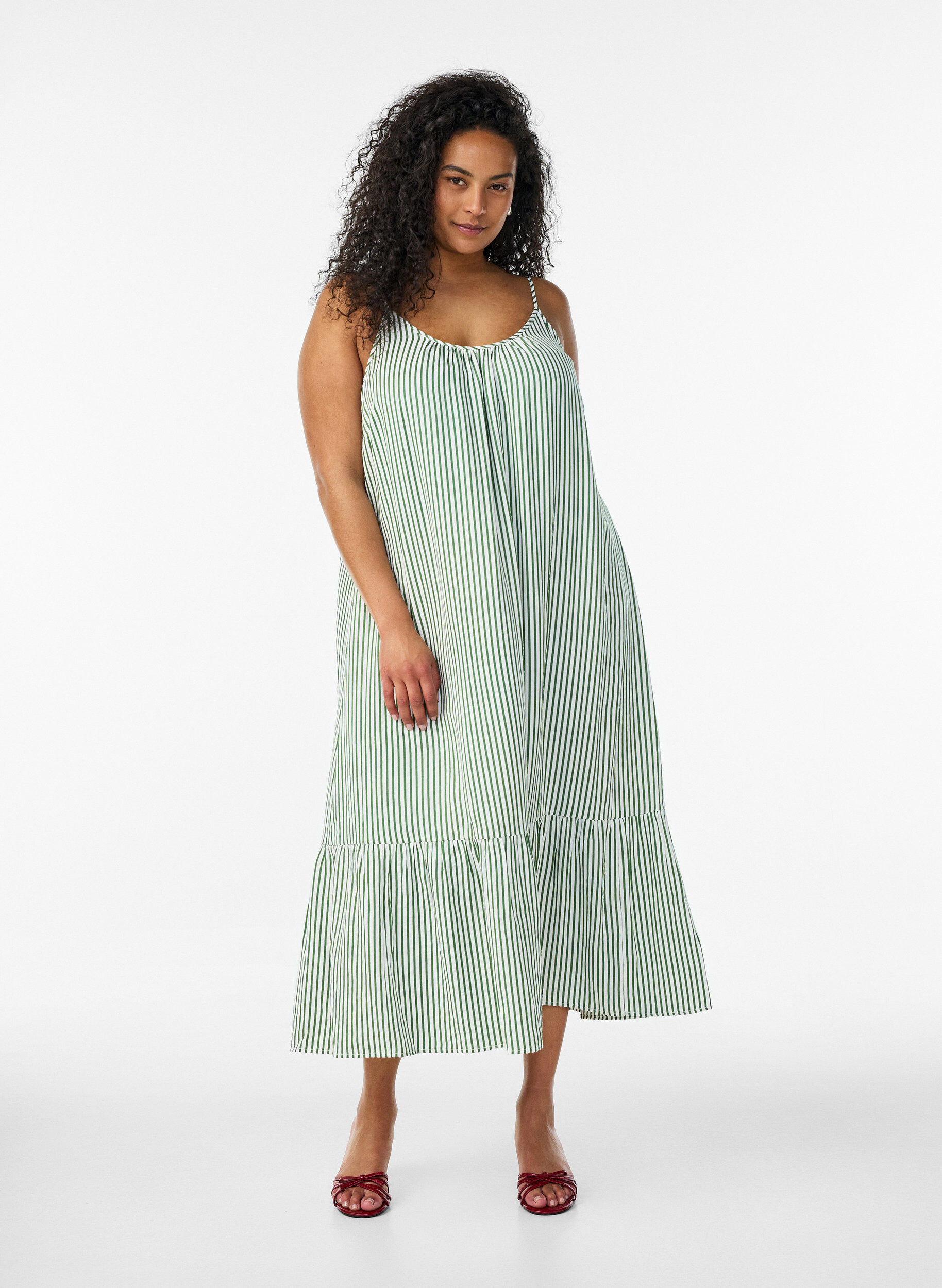 Summer dress with stripes and A-line shape, Green, Model