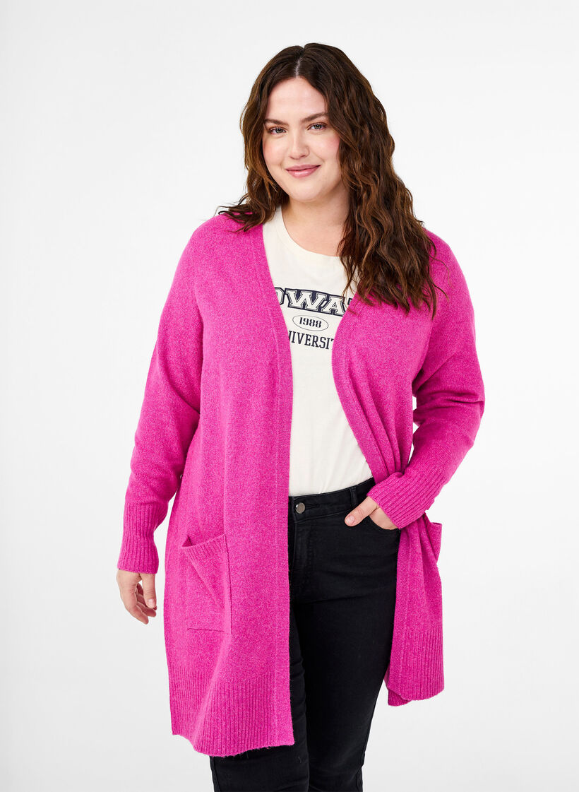 Ribbed Knit Cardigan with Pockets, Pink, Model image number 0