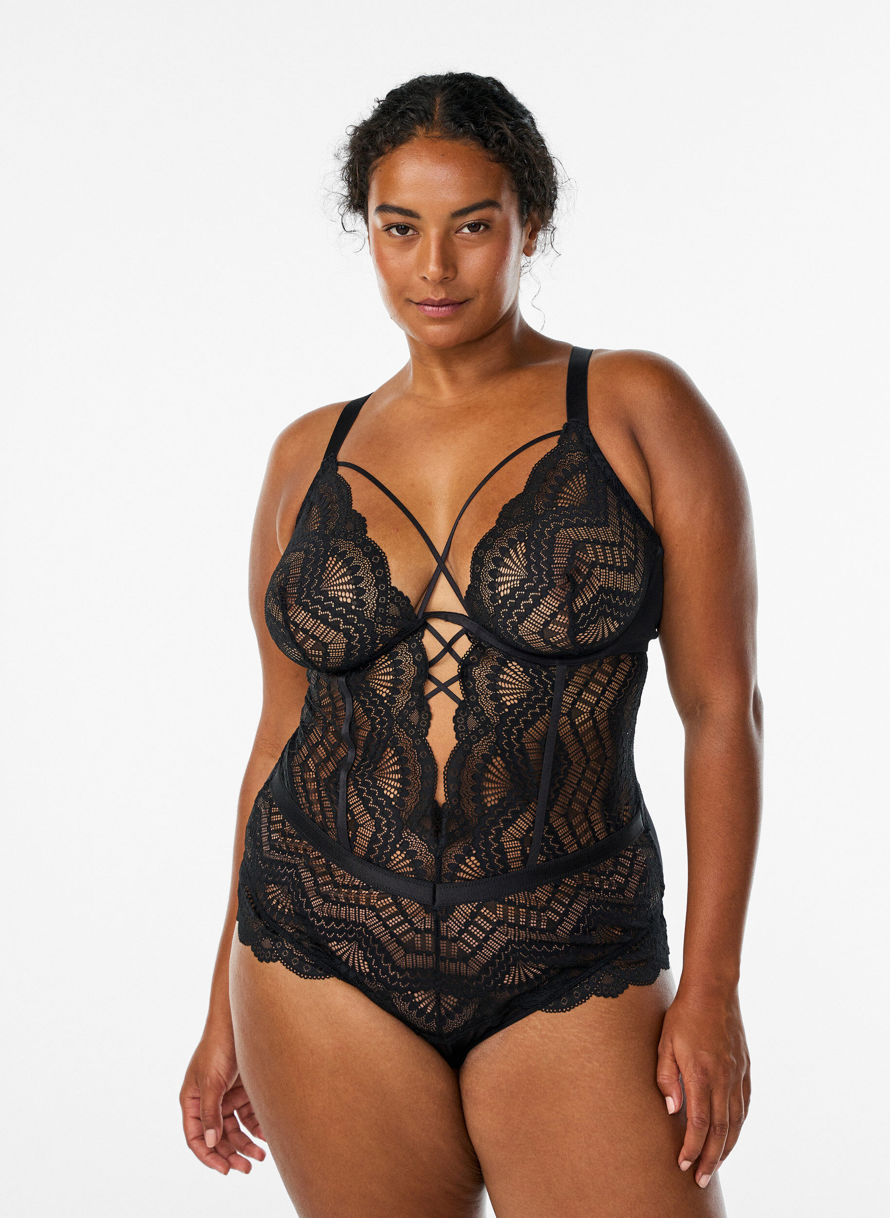 Lace bodystocking with lace details, Black, Model