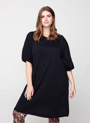 Sweater dress with short puff sleeves, Black, Model image number 0