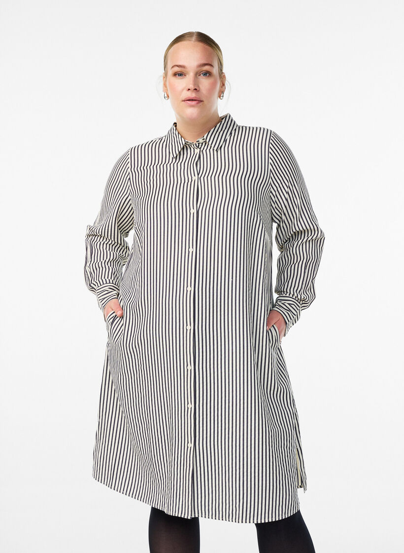 Long striped shirt with button detail on the back, Black, Model image number 0