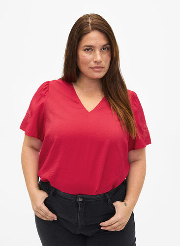 Short sleeve viscose blouse with embroidery, Tango Red, Model image number 0