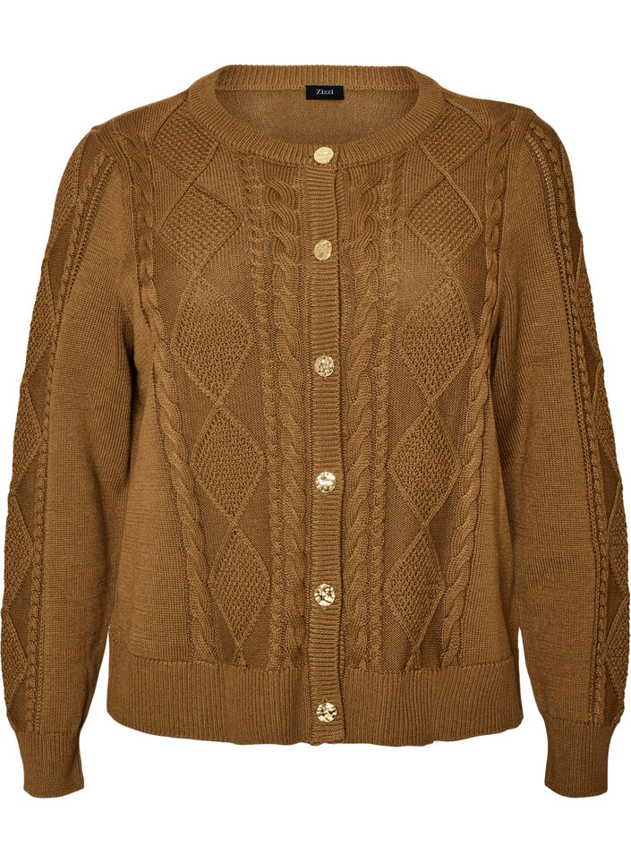 Cable-knit cardigan with decorative buttons, Brown, Packshot image number 0