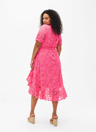 Wrap dress with lace and short sleeves, Pink Carnation, Model image number 1