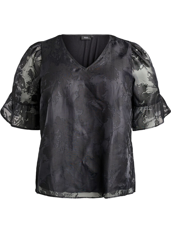 Organza-look party blouse with a tone-on-tone pattern, Black, Packshot image number 0