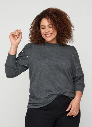 Marled blouse with pudd sleeves and pearls, Dark Grey Melange, Model image number 0