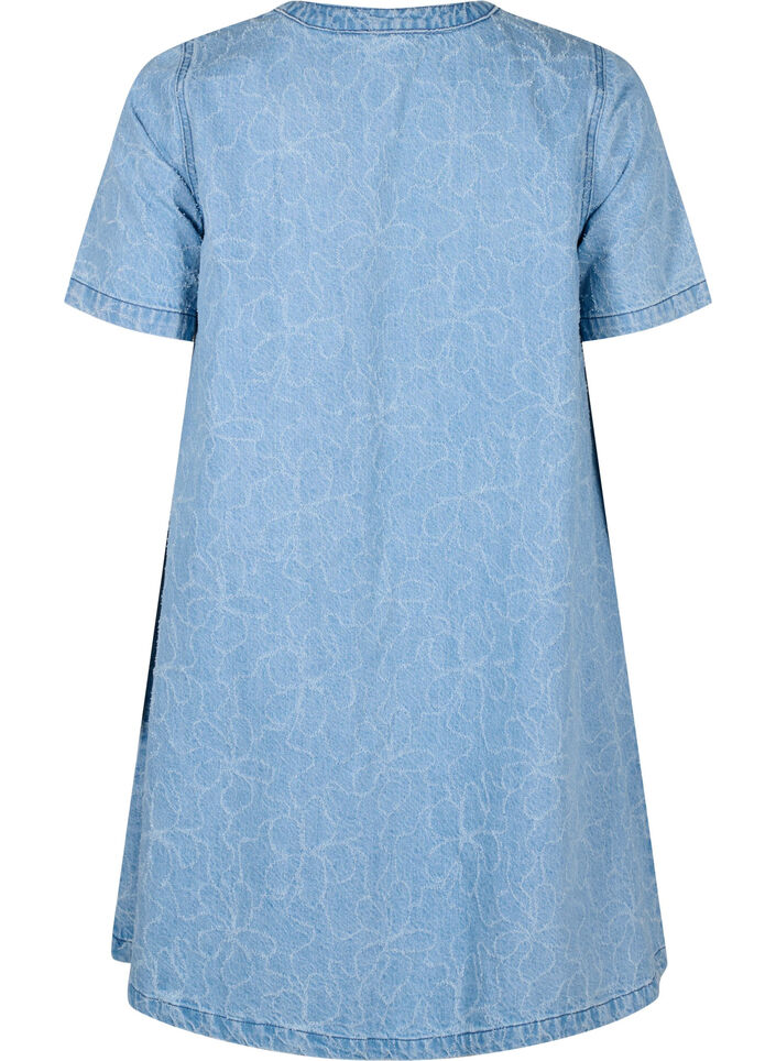 Short denim dress with an A-line cut and floral pattern, Light Blue, Packshot image number 1