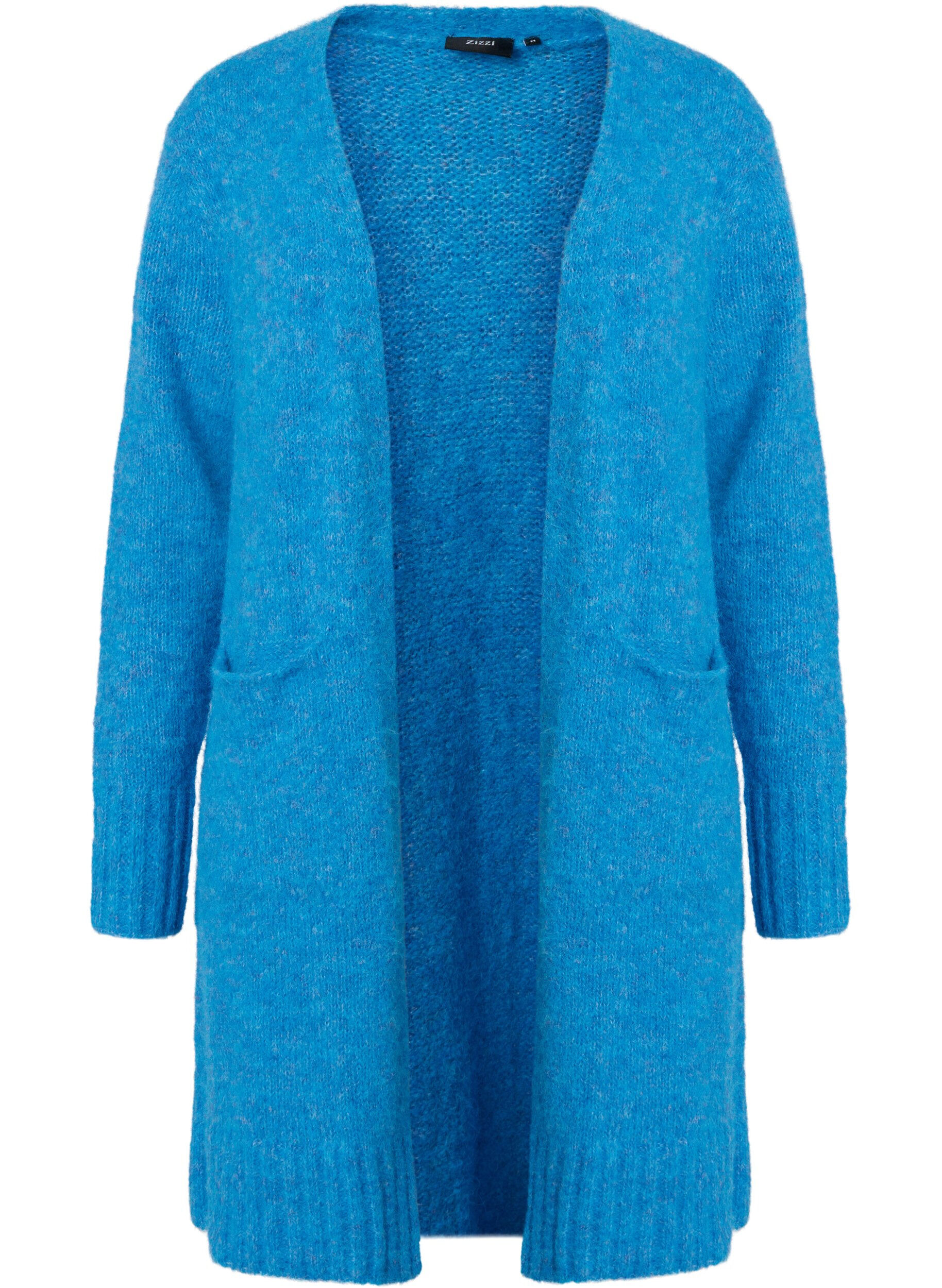 Zizzifashion Long knitted cardigan with wool and pockets, French Blue, Packshot image number 0