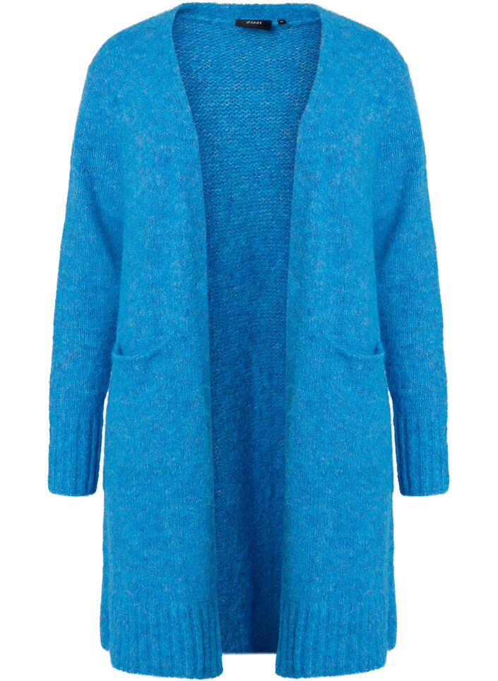 Long knitted cardigan with wool and pockets, French Blue, Packshot image number 0