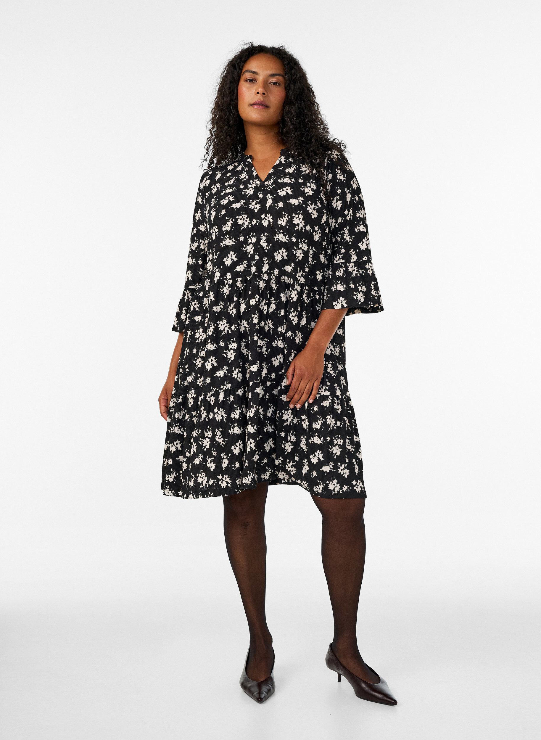 ZizzifashionShort A-line jersey dress with an all-over print, Black, Model image number 1