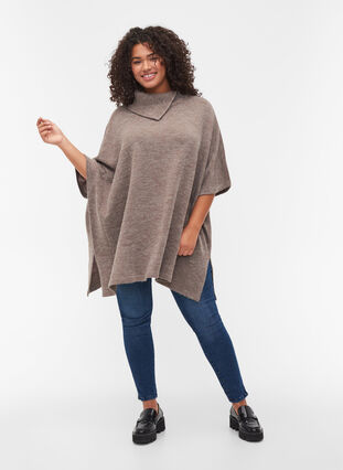 Short-sleeved knitted poncho with collar, Iron Mel., Model image number 3