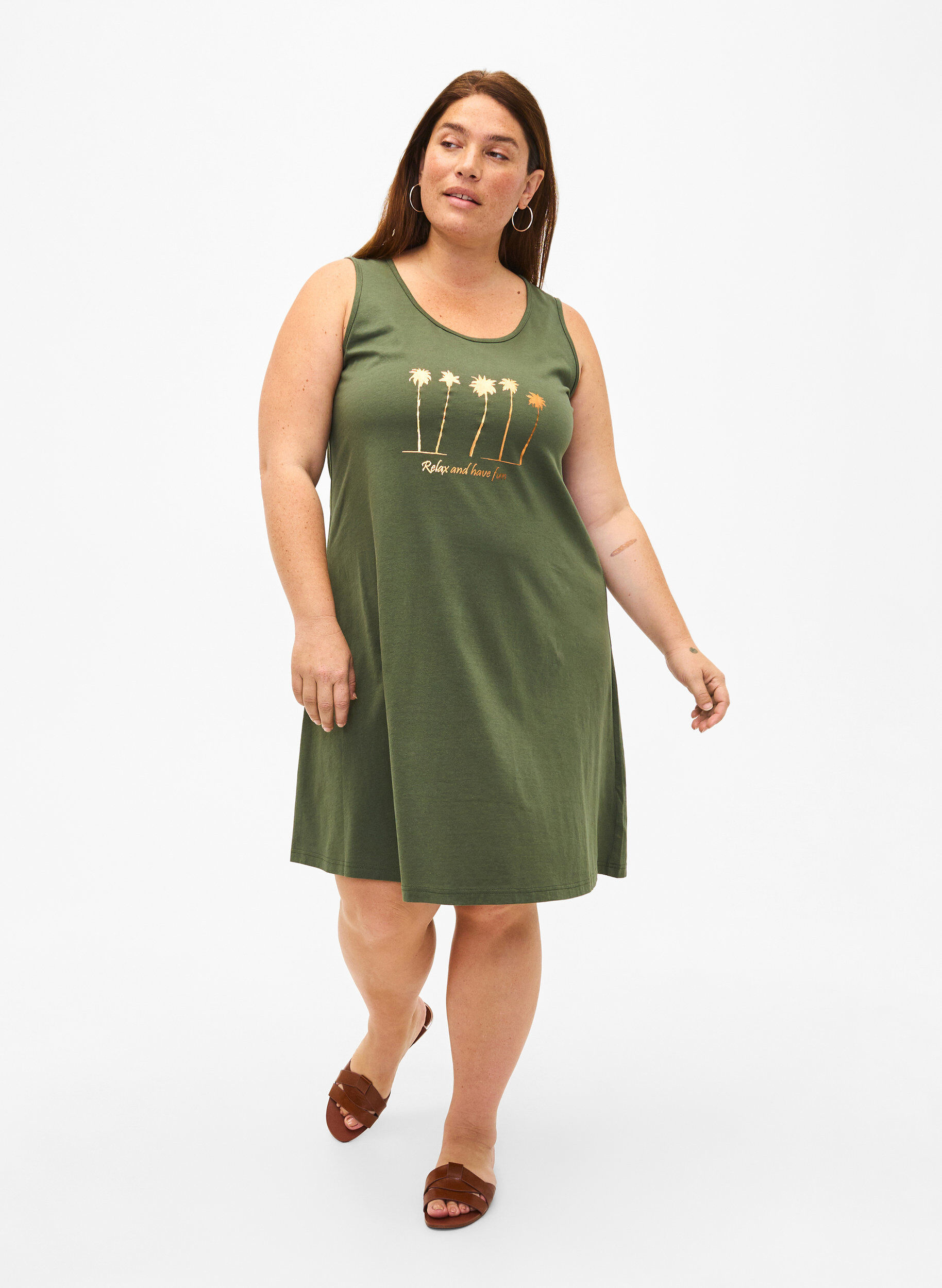 Zizzifashion Sleeveless cotton dress with a-shape, Thyme W. Palm trees, Model image number 2