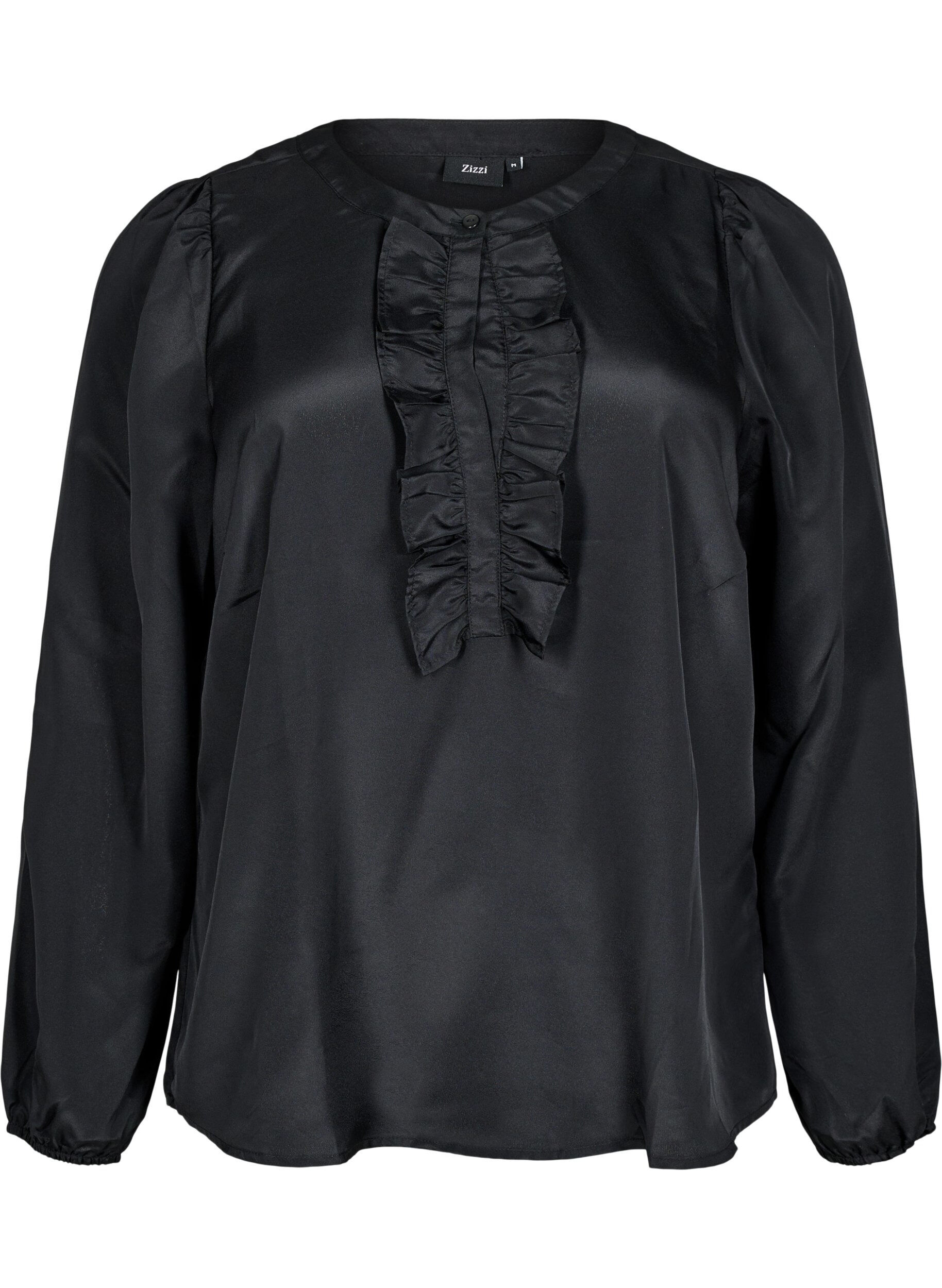 Zizzifashion Satin blouse with ruffle detail, Black, Packshot image number 0