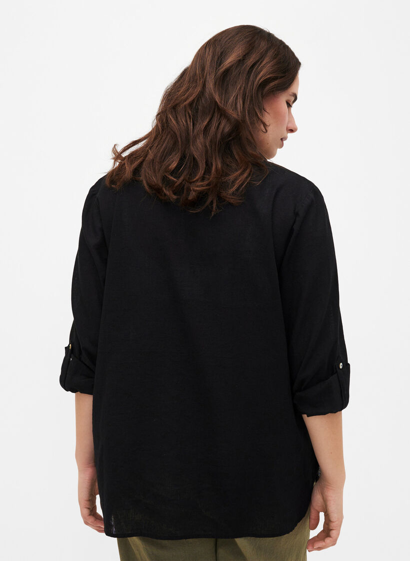 Shirt blouse with button closure in cotton-linen blend, Black, Model image number 1