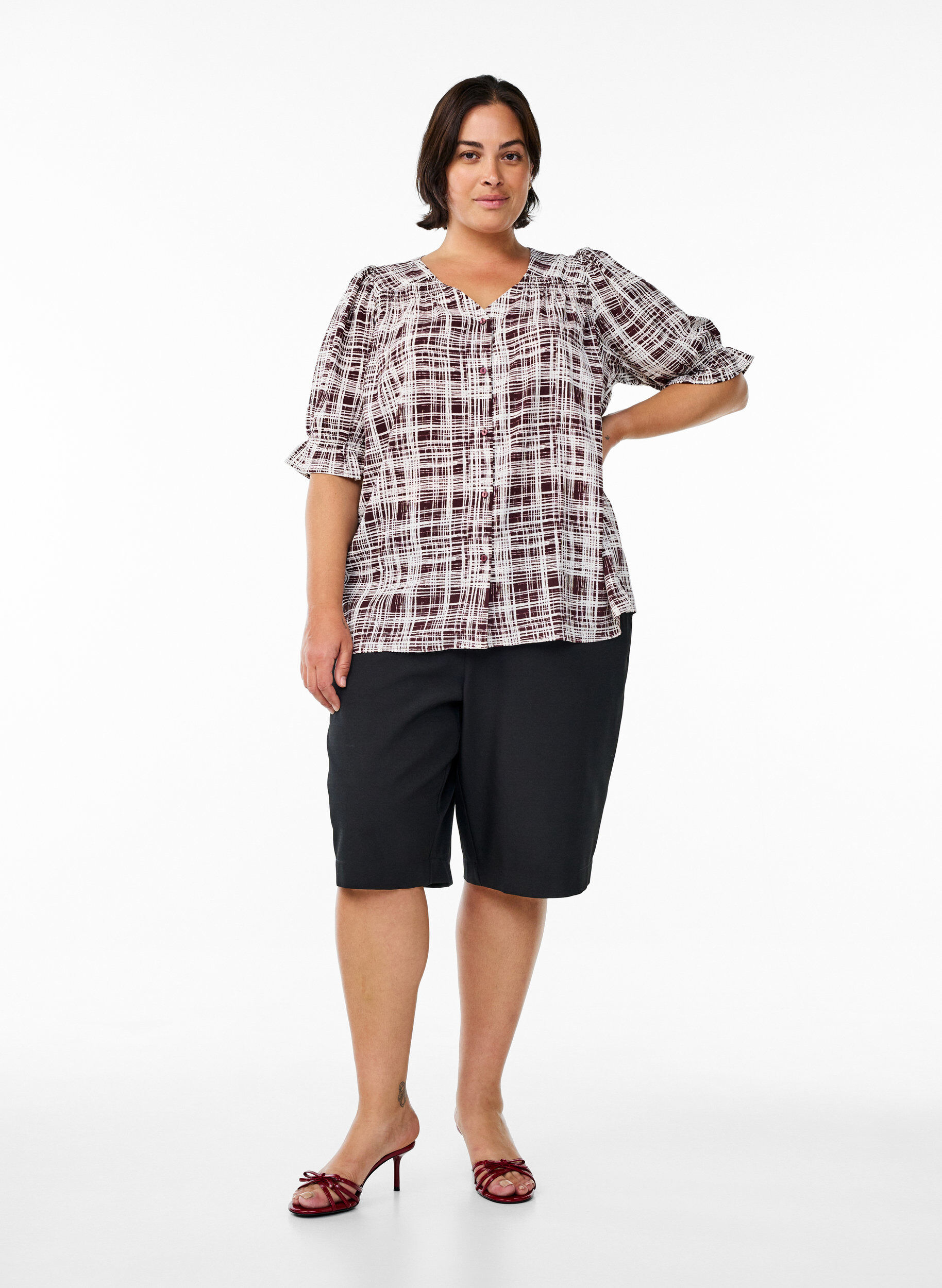 Zizzifashion Shirt blouse with 1/2 sleeves, Dark Bordeaux, Model image number 1