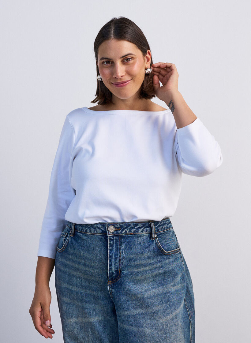 Basic T-shirt with boat neckline and 3/4 sleeves, White, Model image number 0