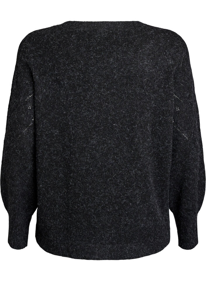 Knitted top with openwork pattern and balloon sleeves, Dark Grey, Packshot image number 1