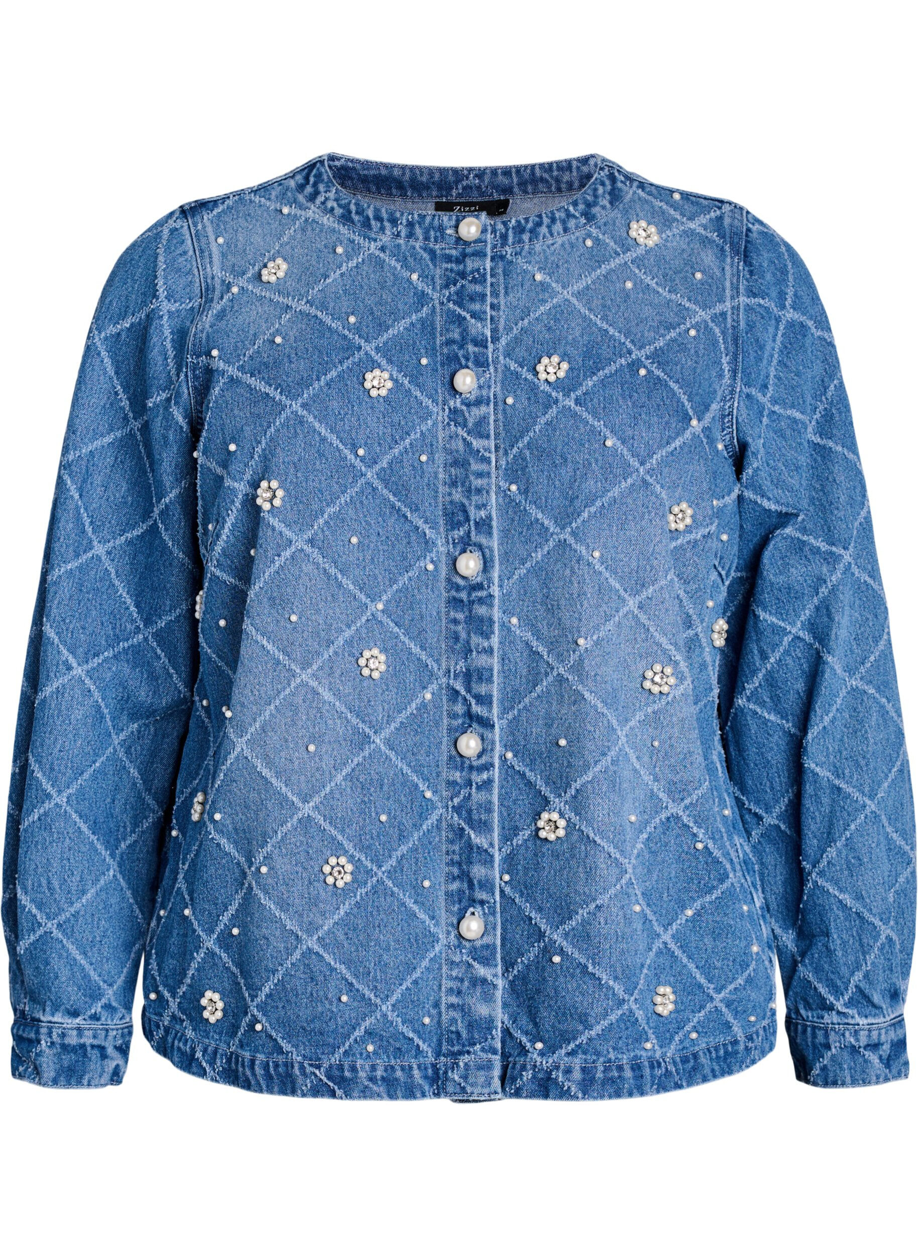Zizzifashion Denim shirt with destroyed pattern and pearl details, Light Blue, Packshot image number 0