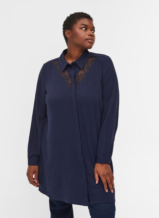 Long-sleeved tunic with lace details, Navy Blazer, Model image number 0