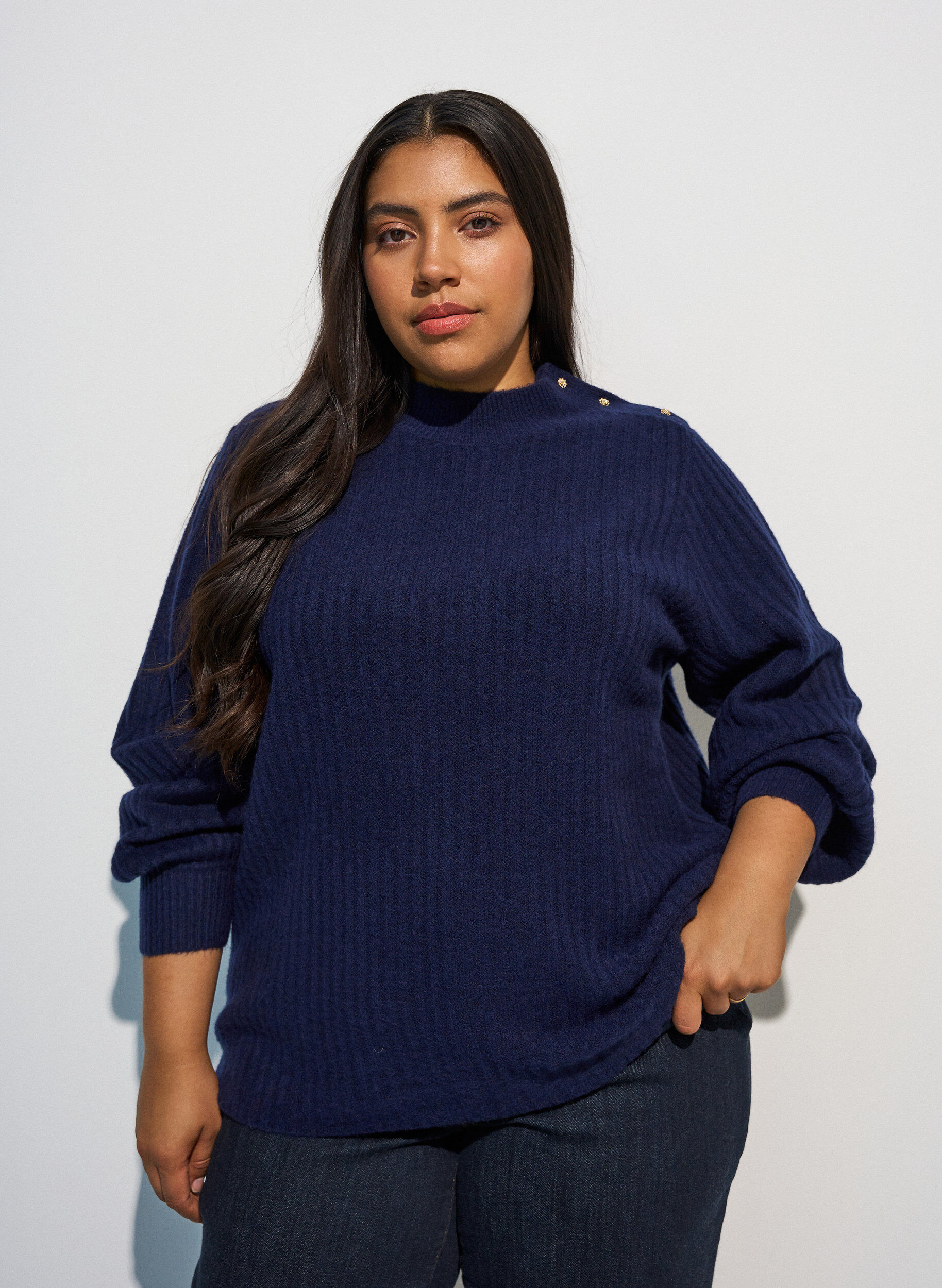 ZizzifashionRibbed jumper with puff sleeves and buttons, Blue, Model image number 0