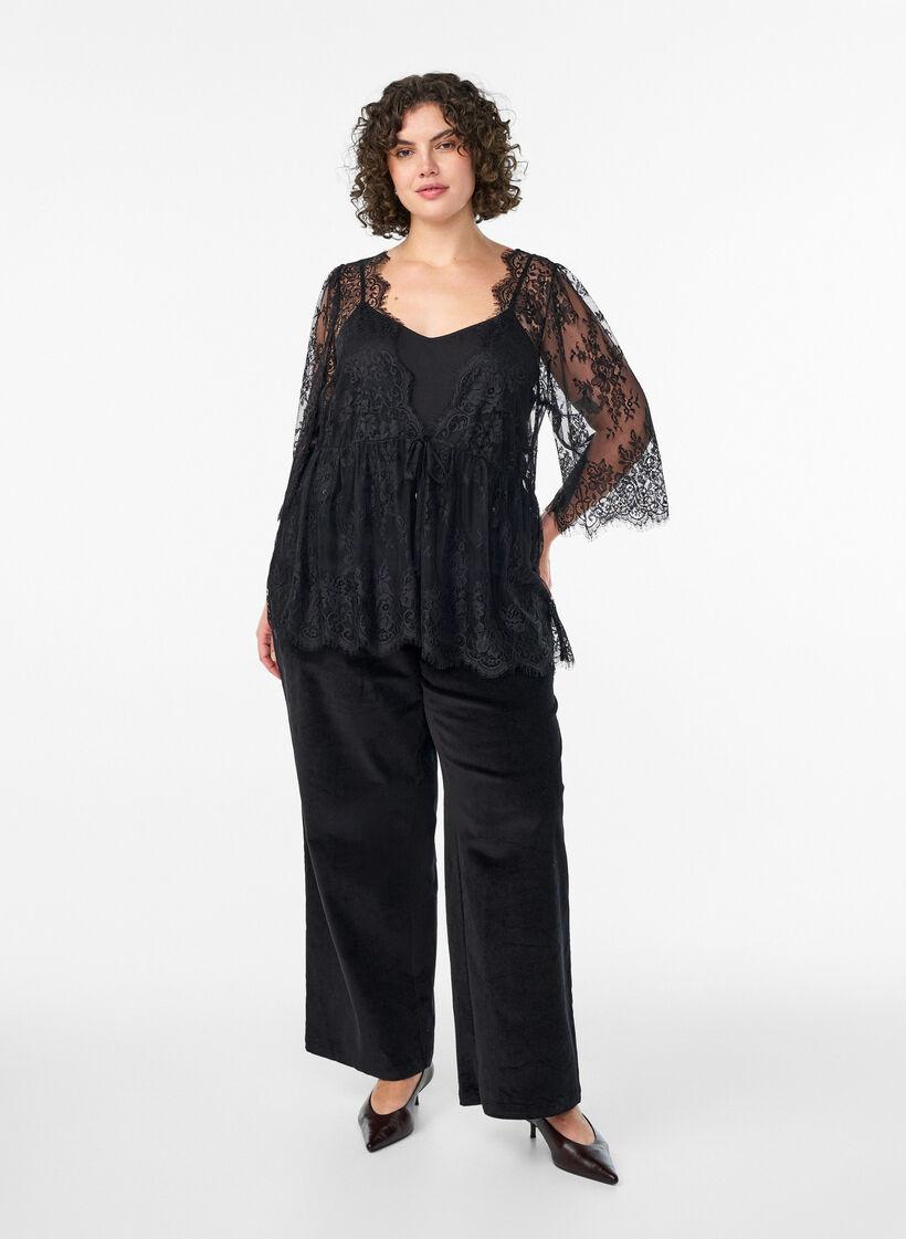 Lace top with tie detail and 3/4 sleeves, Black, Model image number 1
