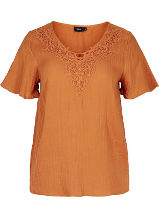 Short-sleeved blouse with a v-neck and embroidery, MUSTARD AS SAMPLE, Packshot image number 0
