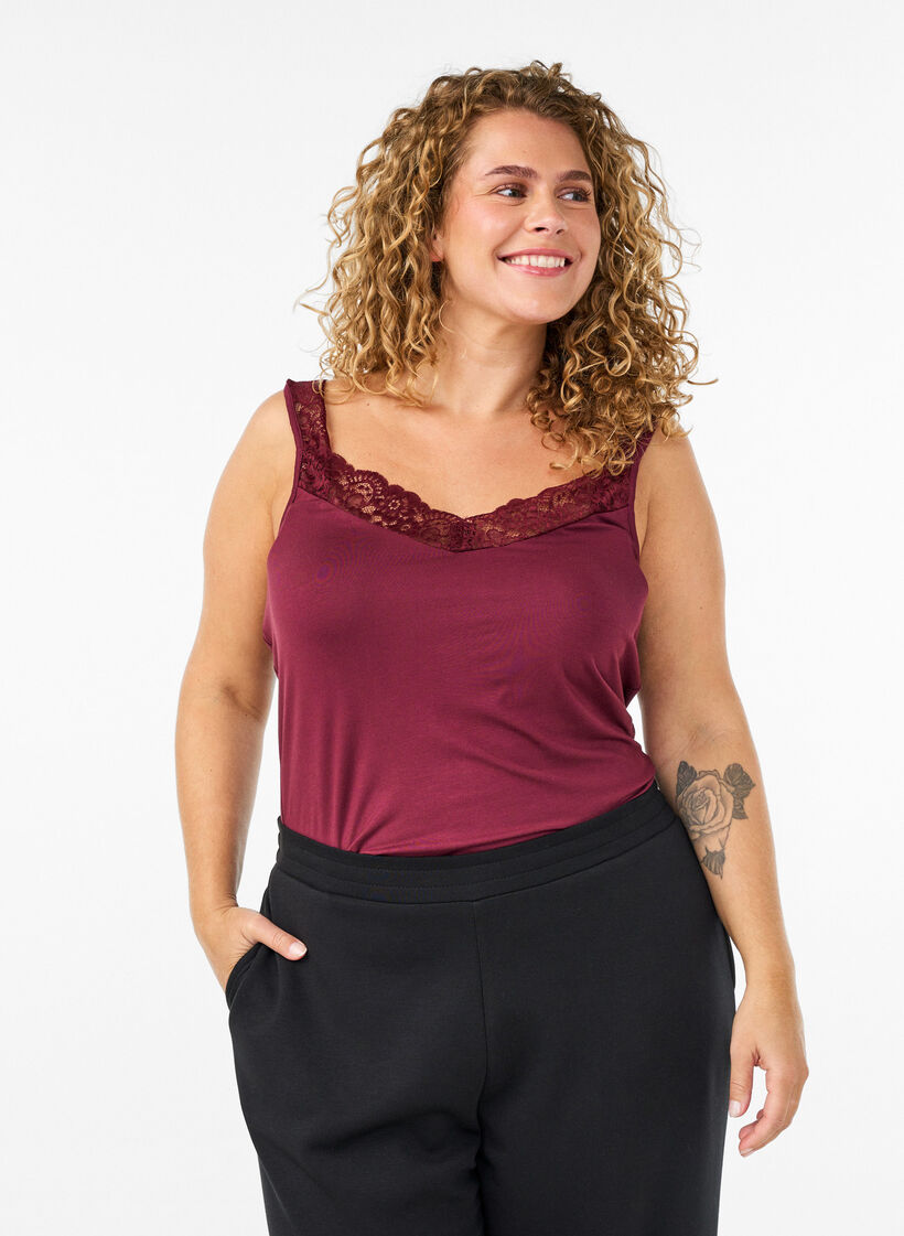 Viscose top with lace edge, Red, Model image number 0
