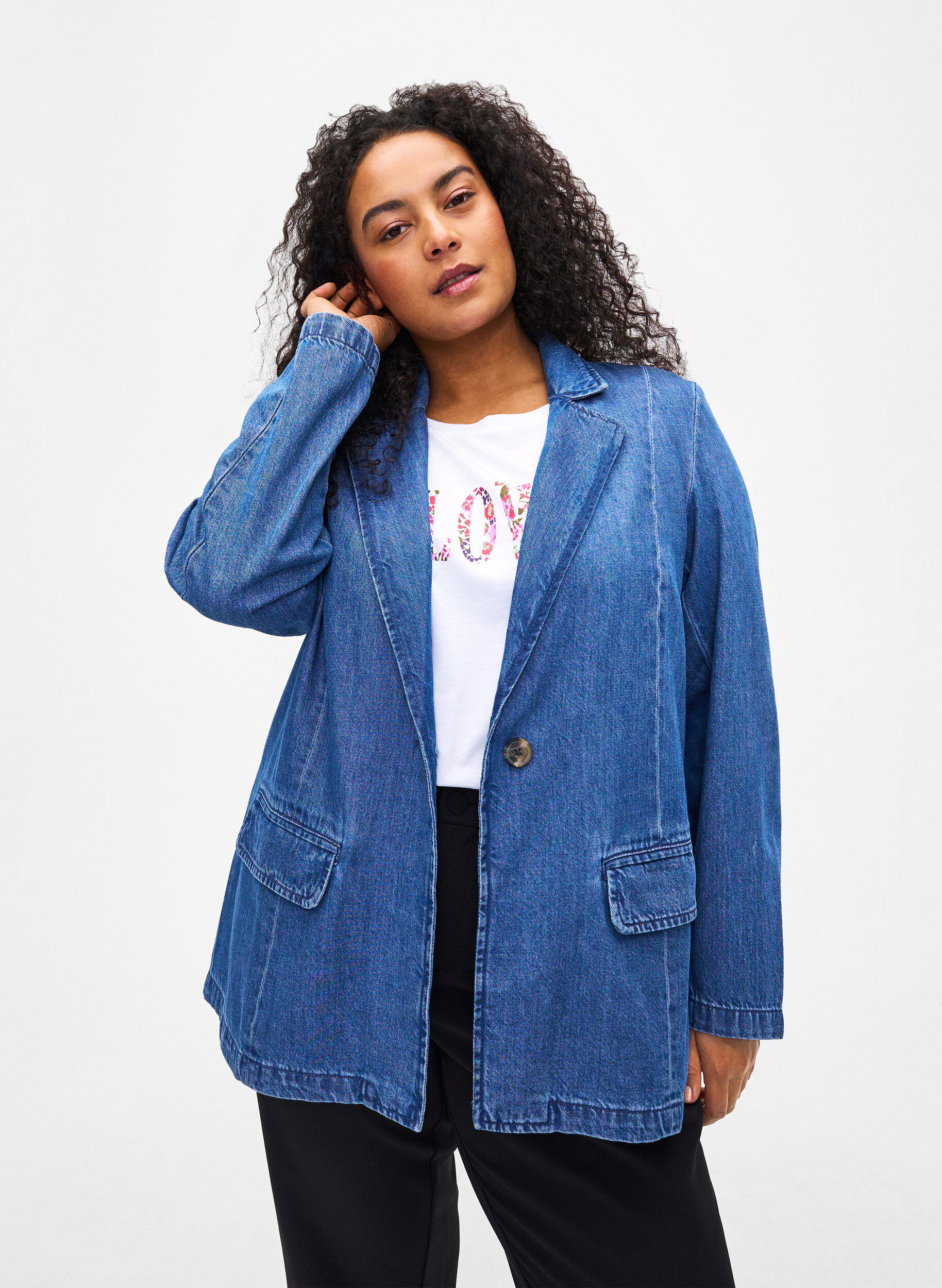 Zizzifashion Denim blazer with pockets, Blue Denim, Model image number 0