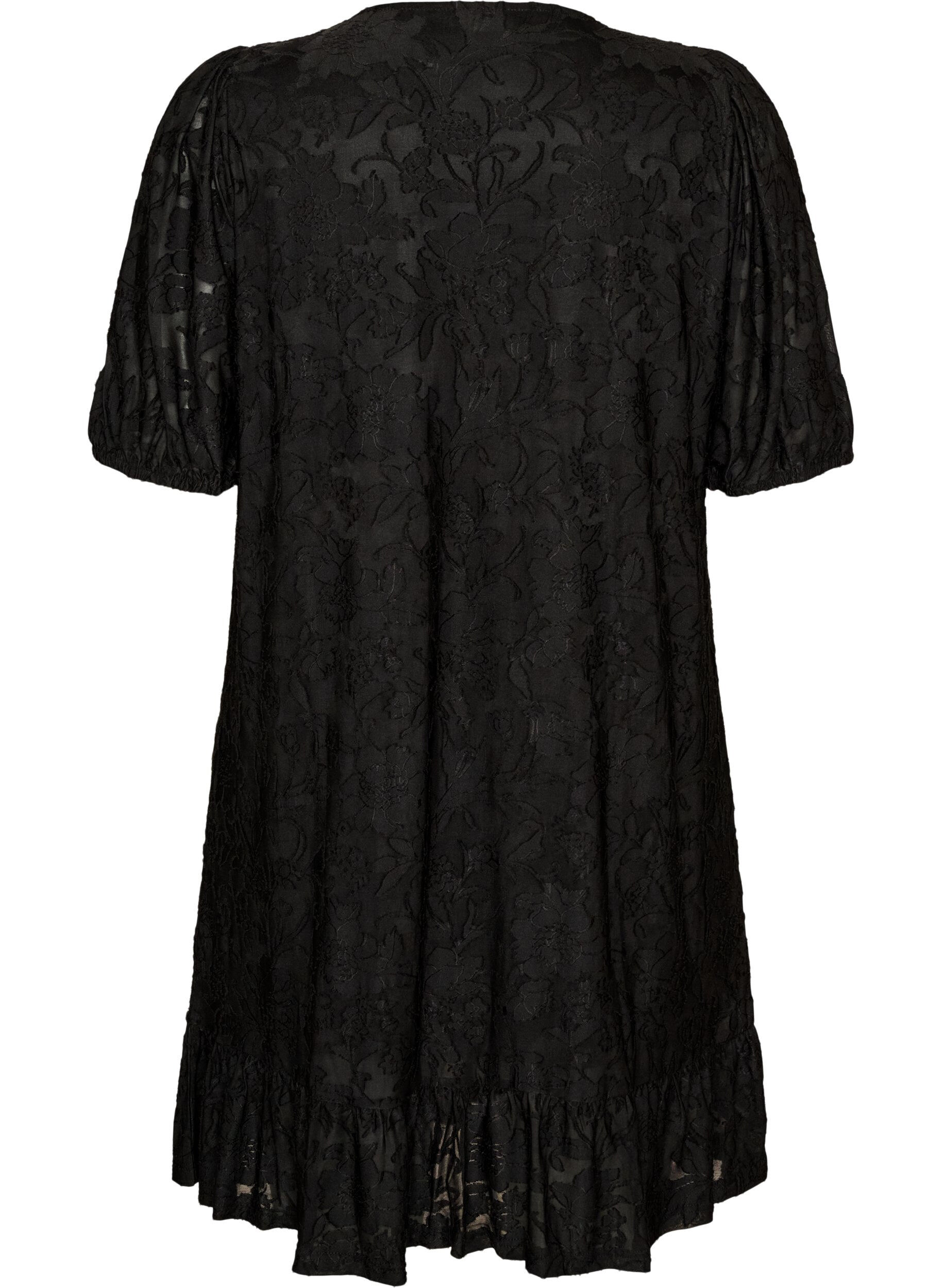 ZizzifashionDress with floral texture and ruffle trim, Black, Packshot image number 1