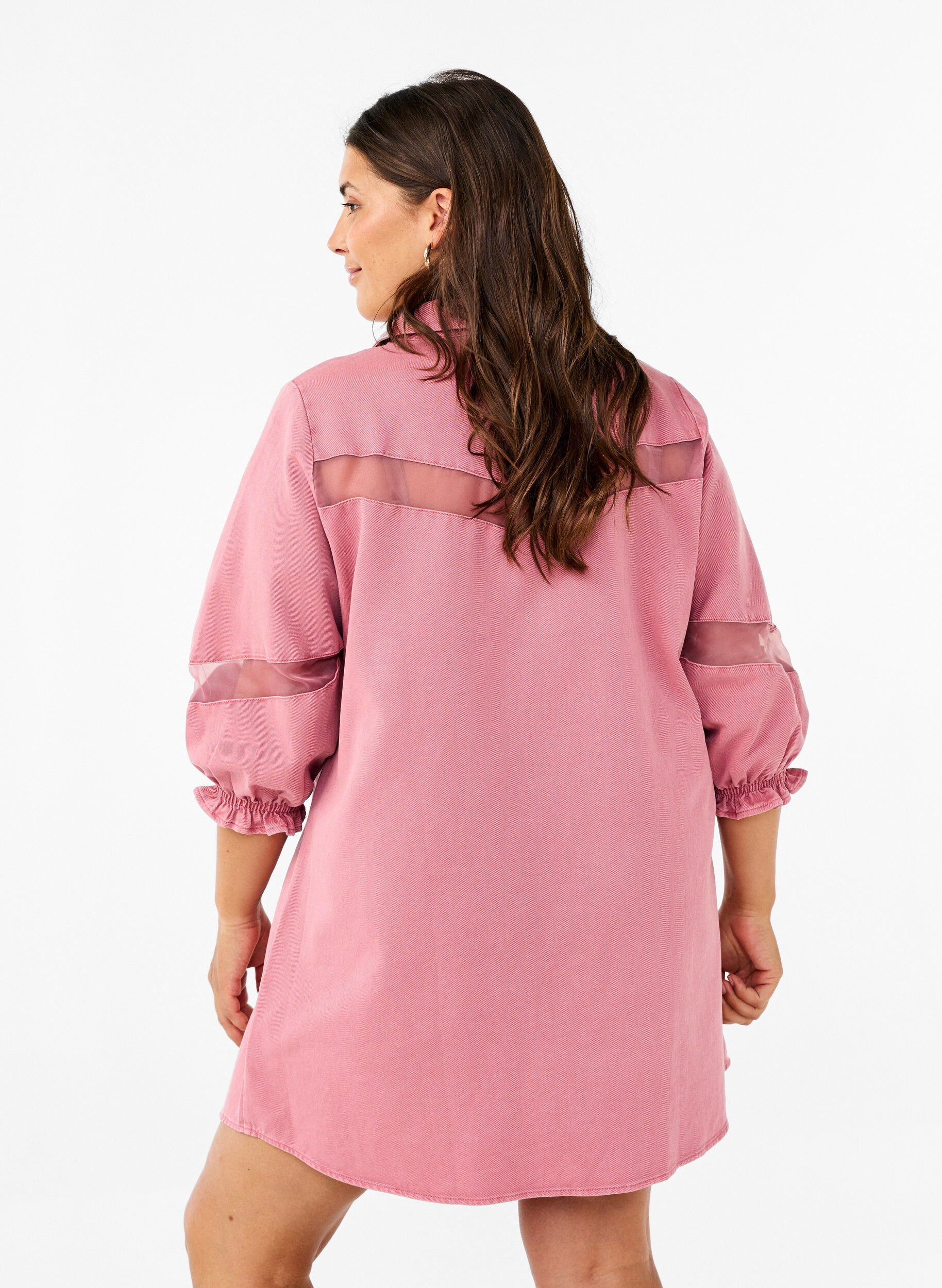 Zizzifashion Coloured denim shirt dress with mesh details, Heather Rose, Model image number 1