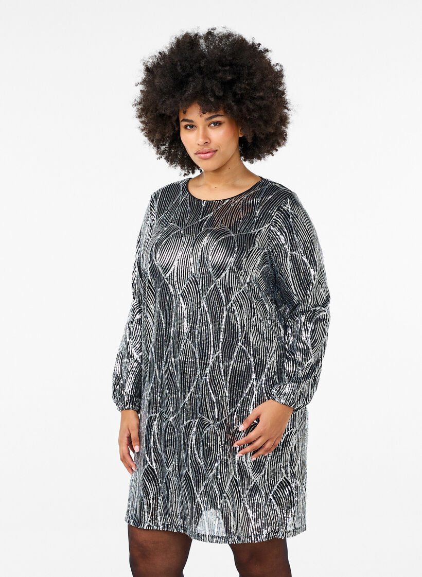Long-sleeved sequin dress with pattern, Silver Sequins, Model image number 0