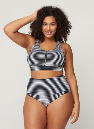 Striped bikini top with zip detail, Navy Striped, Model image number 2
