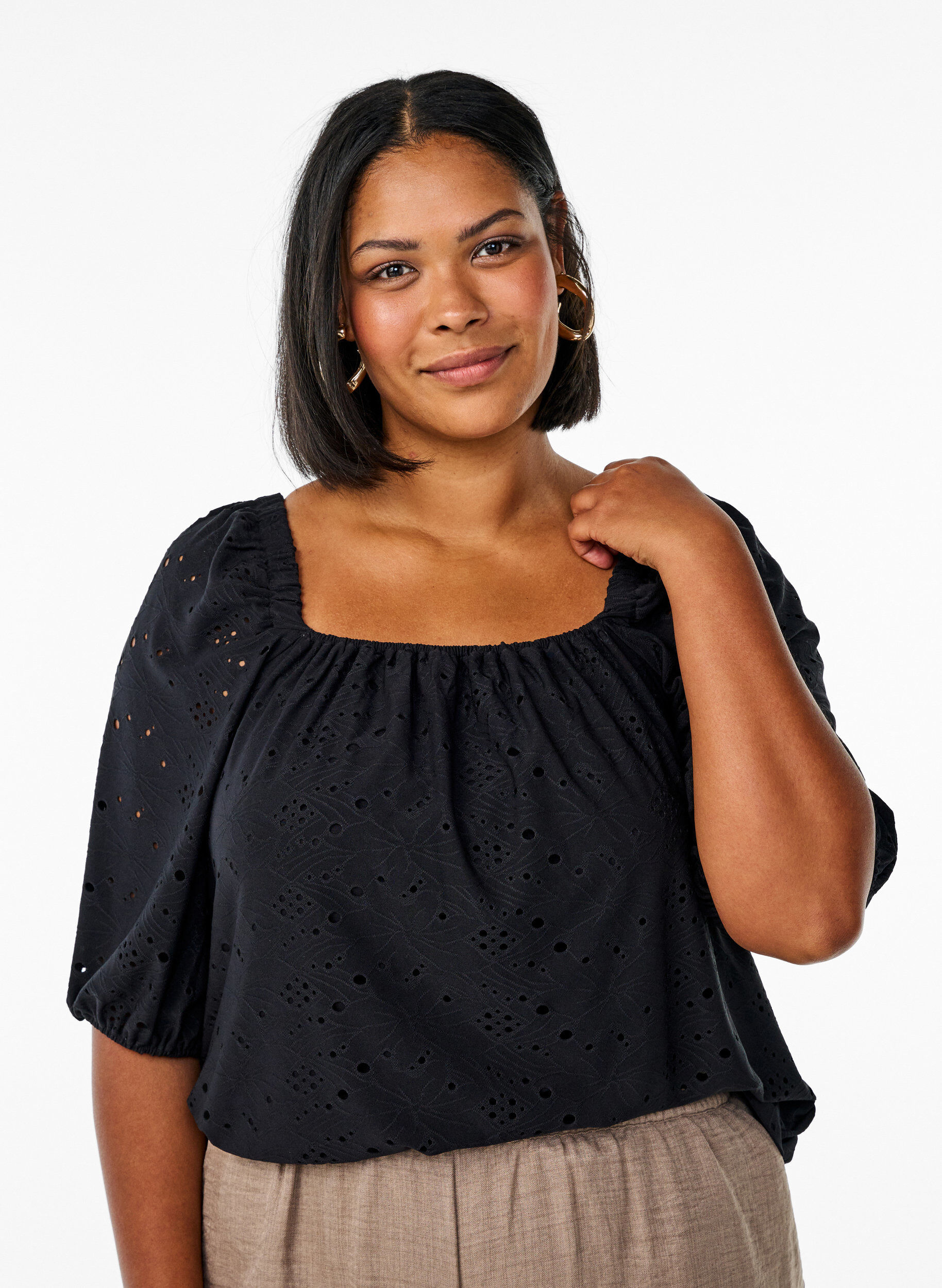 Zizzifashion Blouse with short puff sleeves and an openwork pattern, Black, Model image number 0