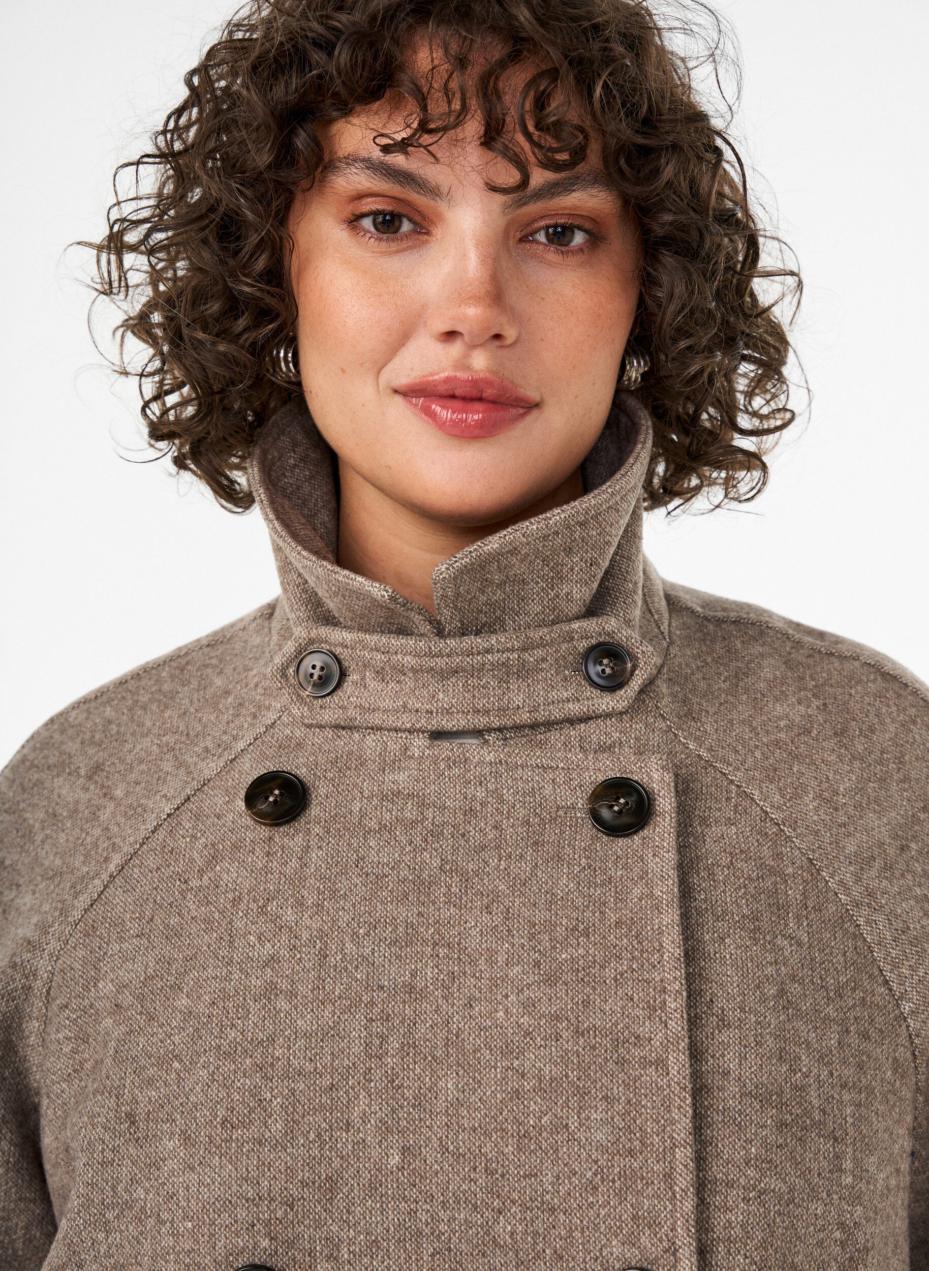 ZizzifashionLong wool coat with a high collar and double-breasted design, Brown, Model image number 4