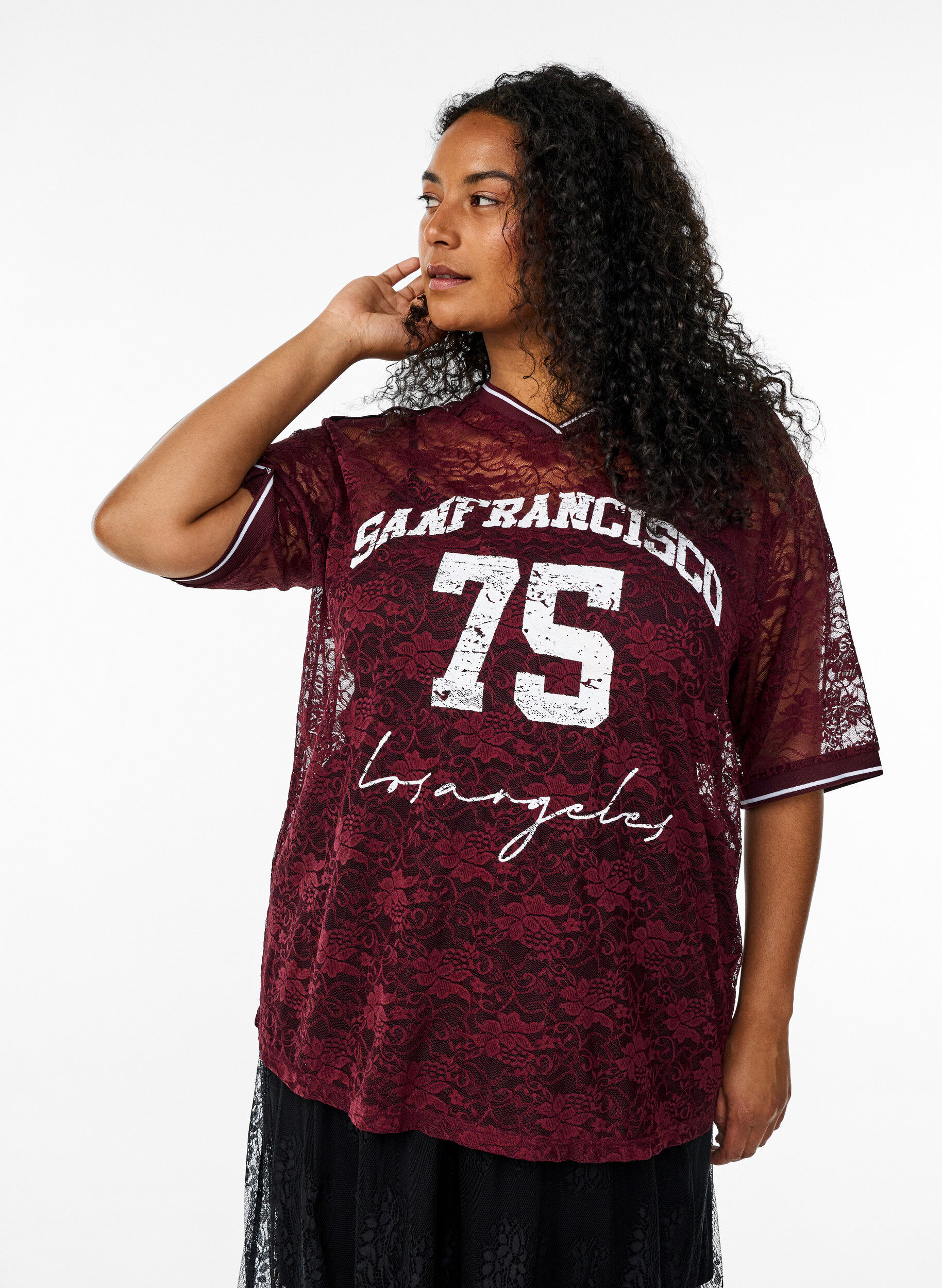 Sporty lace t-shirt with a loose fit, Dark Bordeaux, Model
