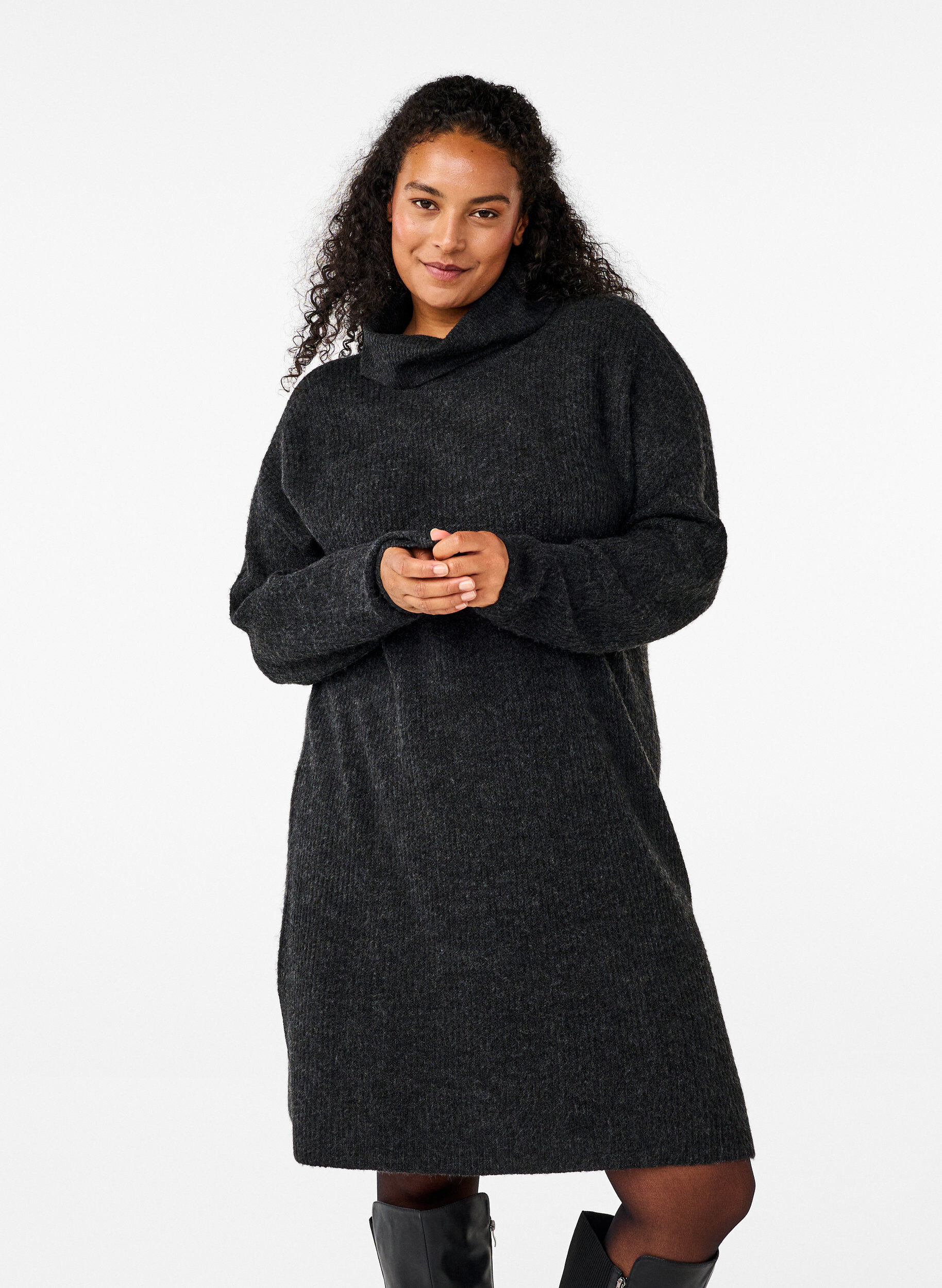 ZizzifashionKnitted dress with turtleneck, Dark Grey, Model image number 0