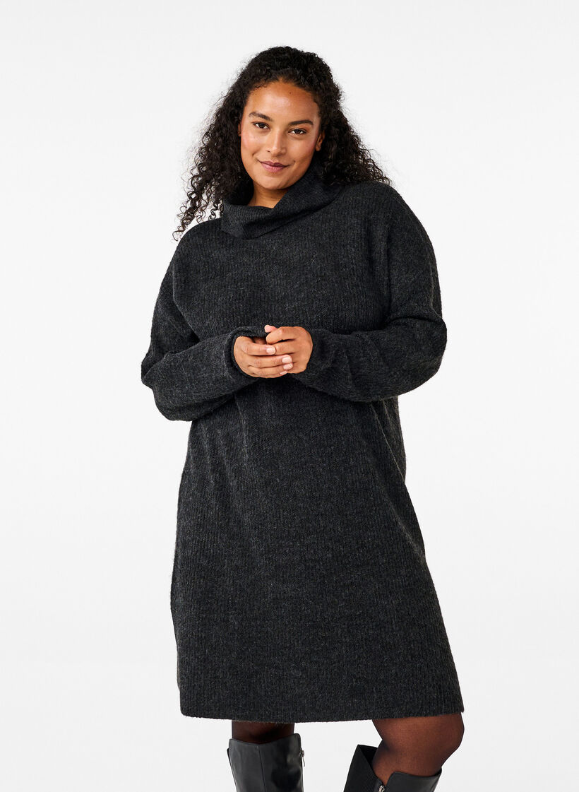 Knitted dress with turtleneck, Dark Grey, Model image number 0