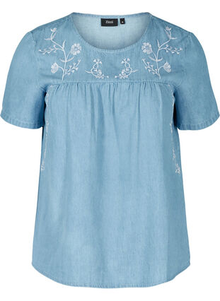 Short-sleeved blouse with embroidery, Light blue denim ASS, Packshot image number 0