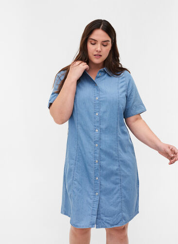Short-sleeved denim shirt dress with a belt, Light blue denim, Model image number 0