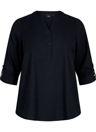 Cotton shirt blouse with v-neck, Black, Packshot image number 0