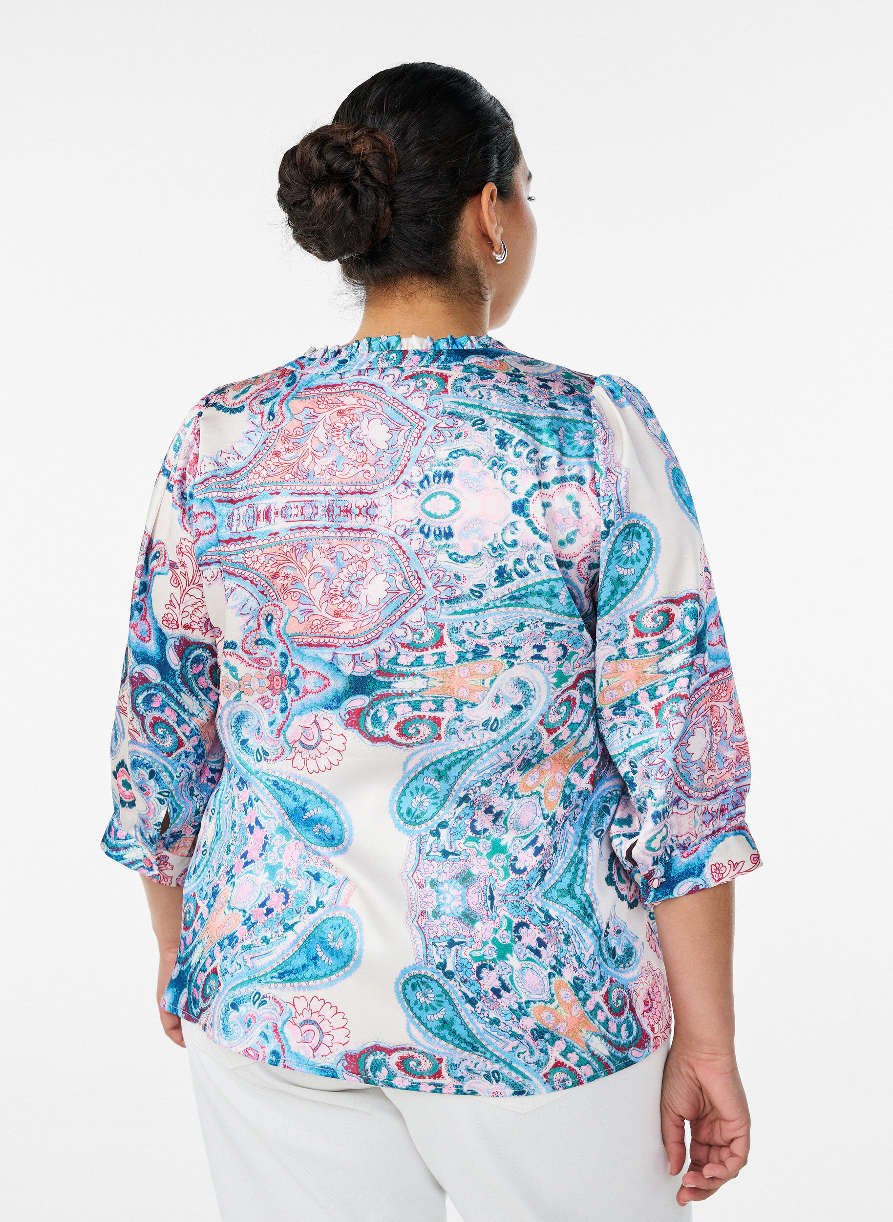 Zizzifashion Satin-look blouse with a paisley print and 3/4 sleeves, Blue, Model image number 2