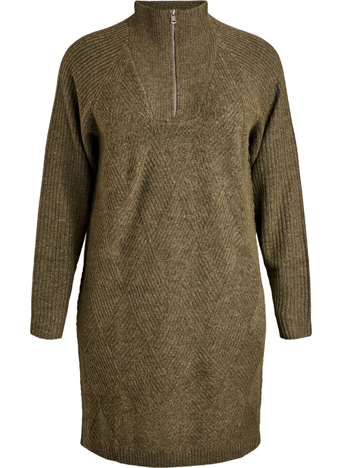 Knee-length knitted dress with high neck, Green, Packshot image number 0