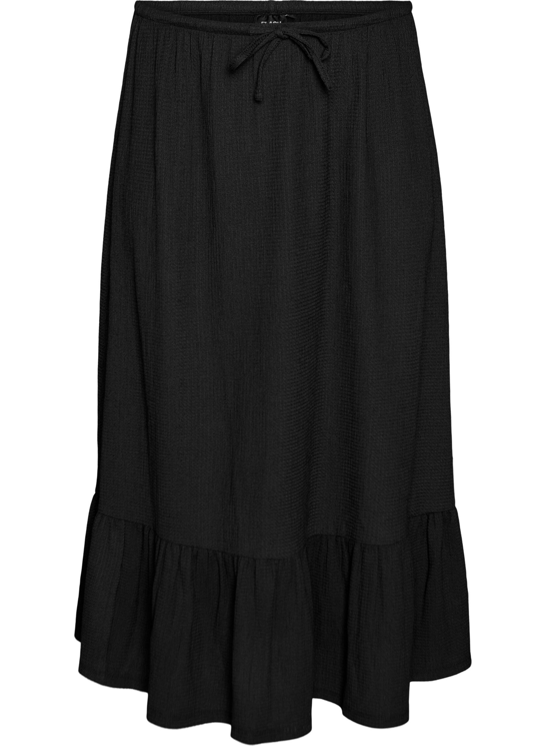 Zizzifashion Long skirt with tie belt and ruffle hem, Black, Packshot image number 0