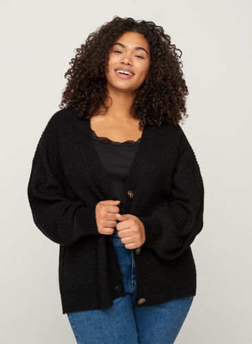 Short rib-knitted cardigan with a V-neckline, Black, Model image number 0